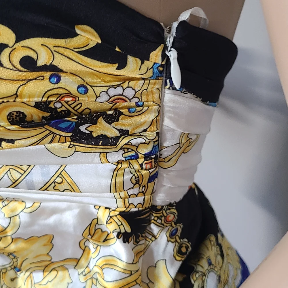 Cache Strapless Baroque-Print Satin Tank Top in Black, Gold, Blue, and White - Picture 5 of 11